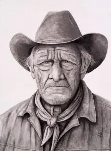 High Plains Rider: graphite portrait of a weathered working cowboy by Michael E. Dorcas, Tantilla Art.