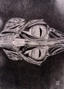 Spectacled Caiman at night with eyes above the water and a mirrored reflection, graphite pencil wildlife artwork by Michael E. Dorcas, Tantilla Art.Dorcas, Tantilla Art.