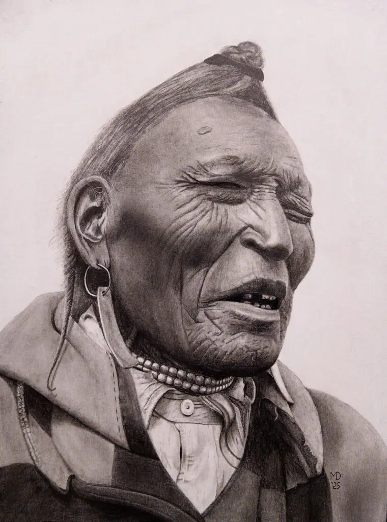 Native American elder in traditional attire, graphite pencil portrait by Michael E. Dorcas, Tantilla Art.