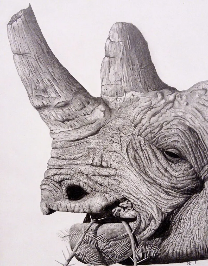 Black Rhinoceros (Diceros bicornis) with a broken horn and weathered hide, graphite pencil wildlife artwork by Michael E. Dorcas, Tantilla Art.