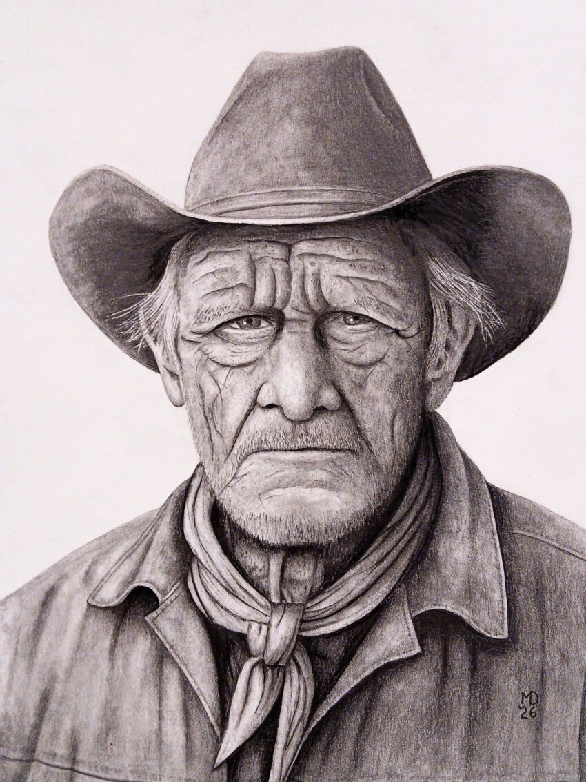 High Plains Rider: graphite portrait of a weathered working cowboy by Michael E. Dorcas, Tantilla Art.