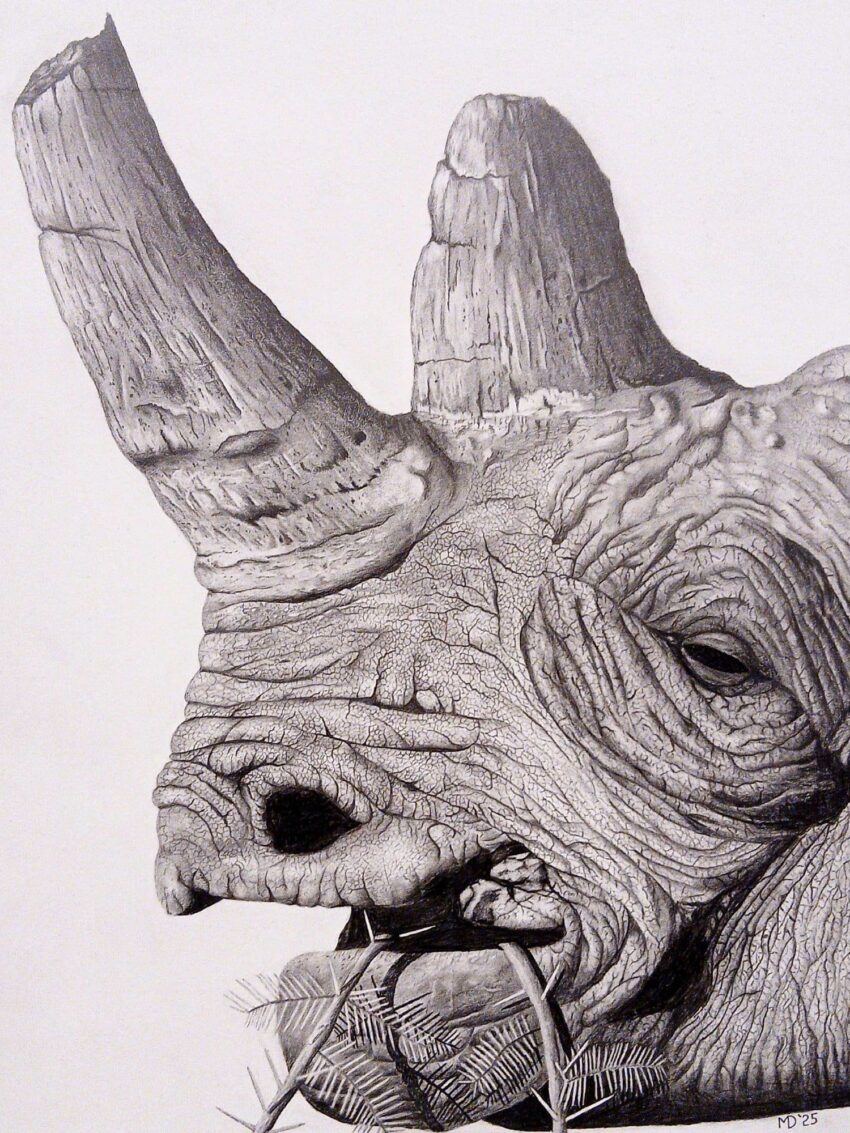 Black Rhinoceros (Diceros bicornis) with a broken horn and weathered hide, graphite pencil wildlife artwork by Michael E. Dorcas, Tantilla Art.