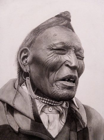 Native American elder in traditional attire, graphite pencil portrait by Michael E. Dorcas, Tantilla Art.
