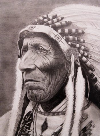 Tradition Keeper: graphite portrait of a Native American elder in traditional regalia by Michael E. Dorcas, Tantilla Art.