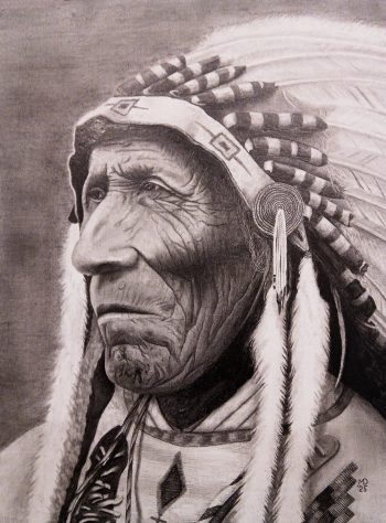 Tradition Keeper: graphite portrait of a Native American elder in traditional regalia by Michael E. Dorcas, Tantilla Art.